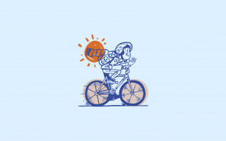 Piirretty kuva: mies pyöräilee kaulahuivi tuulessa heiluen auringon paistaessa